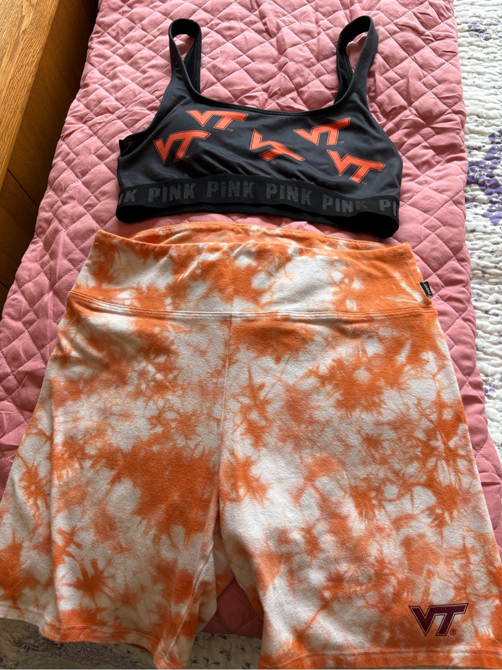 PINK Victoria's Secret Black Sports Bra & Orange Tie-Dye Shorts Set